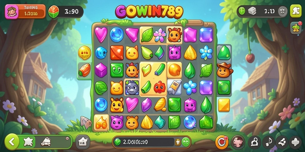 Tampilan layar awal GOWIN789 dengan berbagai elemen gameplay Match-3.