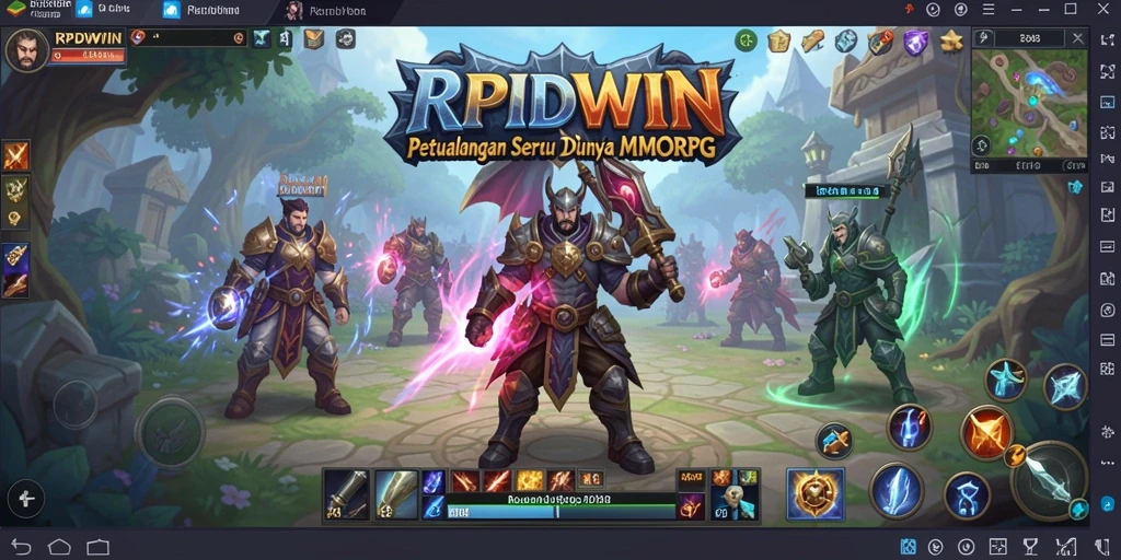 Screenshot RPIDWIN menampilkan aksi pertempuran di dunia MMORPG yang penuh warna.